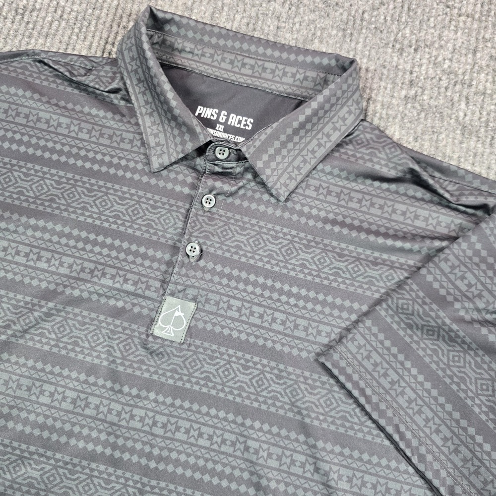 Pins & Aces Polo Shirt Mens 2XL Gray Geometric Golf Performance Stretch Knit